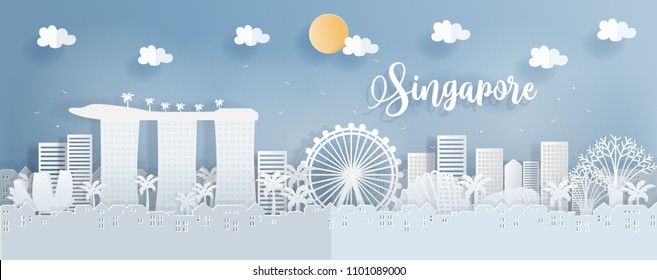 Panorama postcard of world famous landmarks of Singapore in paper cut style vector illustration