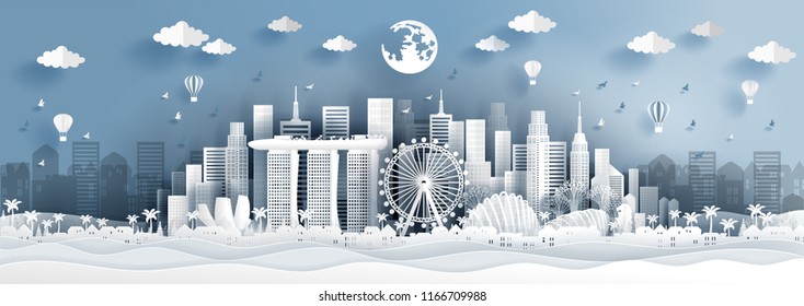 Panorama postcard of world famous landmarks of Singapore in paper cut style vector illustration