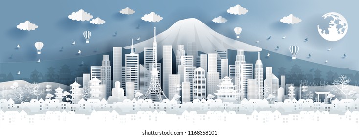 Panorama postcard of world famous landmarks of Tokyo city, Japan in paper cut style vector illustration