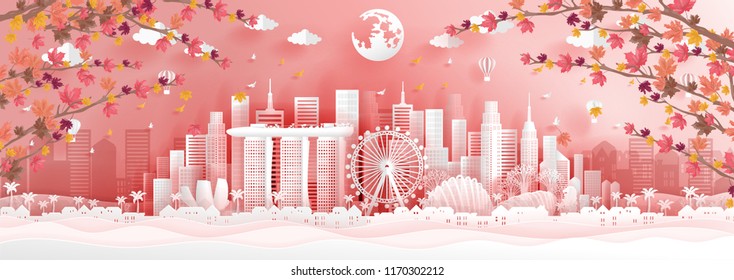 Panorama postcard of world famous landmarks of Singapore in autumn season with falling leaves in paper cut style vector illustration.