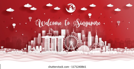 Panorama postcard of world famous landmarks of Singapore in paper cut style vector illustration