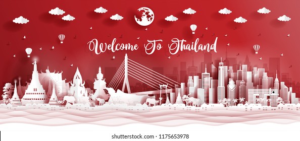 Panorama postcard of world famous landmarks of Bangkok, Thailand in paper cut style vector illustration