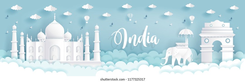 Panorama postcard of world famous landmarks of India with Taj Mahal in paper cut style vector illustration