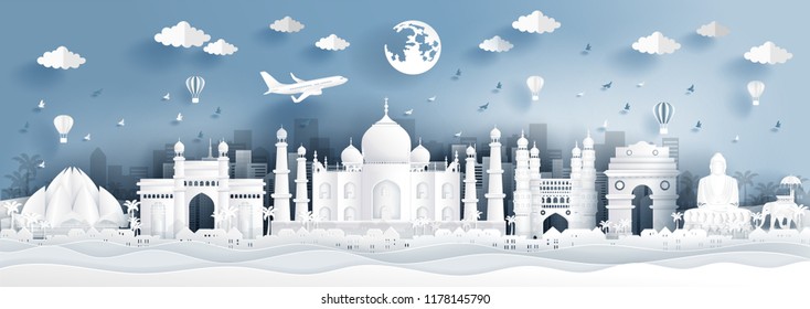 Panorama postcard of world famous landmarks of India in paper cut style vector illustration.