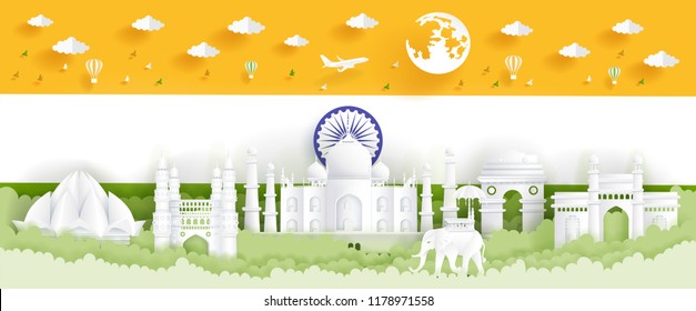 Panorama postcard of world famous landmarks of India with India flag, green and orange in paper cut style vector illustration