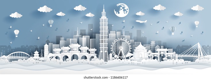 Panorama postcard of world famous landmarks of Taipei in paper cut style vector illustration