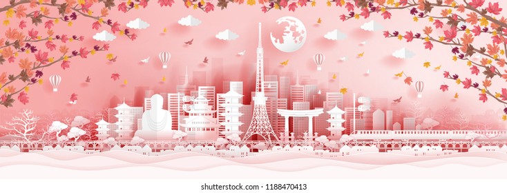 Panorama postcard of world famous landmarks of Japan in autumn season with falling maple leaves in paper cut style vector illustration