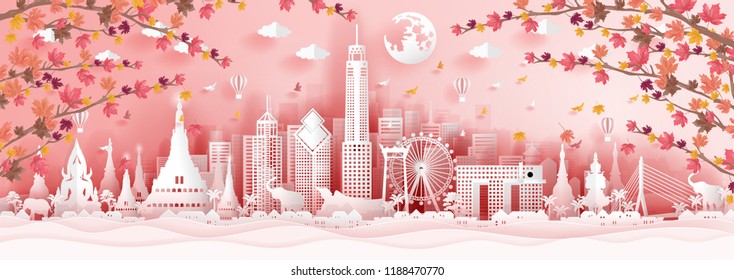 Panorama postcard of world famous landmarks of Thailand in autumn season with falling maple leaves in paper cut style vector illustration