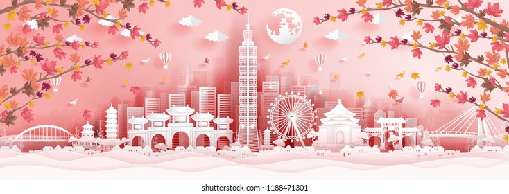 Panorama postcard of world famous landmarks of Taipei in autumn season with falling maples leaves in paper cut style vector illustration