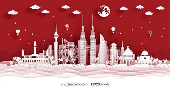 Panorama postcard of world famous landmarks of Kuala Lumpur, Malaysia in paper cut style vector illustration