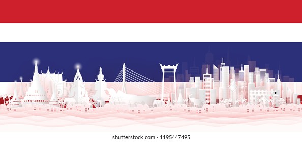 Panorama postcard of world famous landmarks of Thailand with Thai flag in paper cut style vector illustration