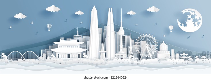 Panorama postcard of world famous landmarks of Korea in paper cut style vector illustration