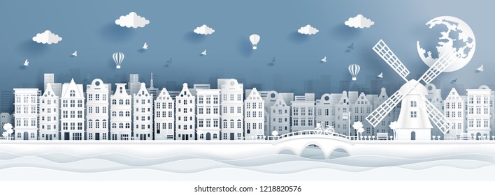 Panorama postcard of world famous landmarks of Amsterdam, The Netherlands in paper cut style vector illustration