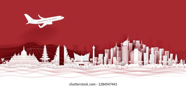 Panorama postcard of world famous landmarks of Indonesia in paper cut style vector illustration