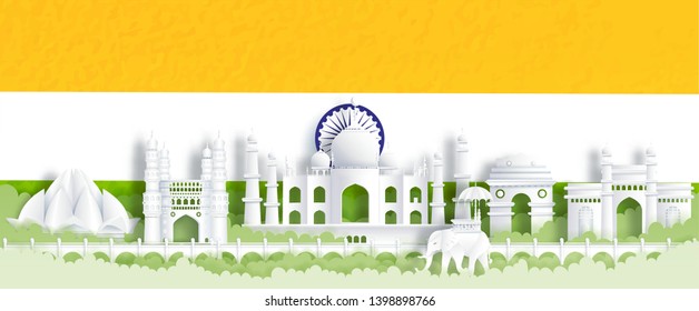 Panorama postcard of world famous landmarks of India with India flag, green and orange in paper cut style vector illustration