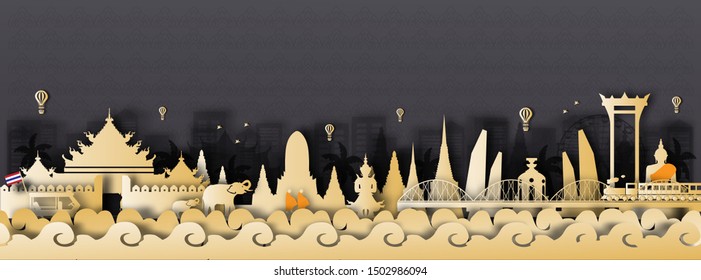 Panorama postcard of world famous landmarks of Thailand in paper cut style vector illustration
