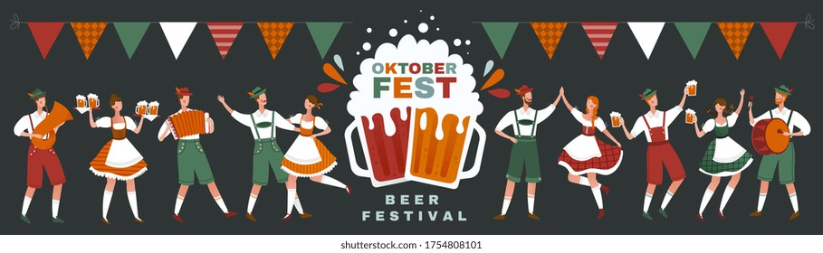 Panorama poster to celebrate the Oktoberfest Beer Festival with group of young people in traditional German clothing partying and text, colored vector illustration