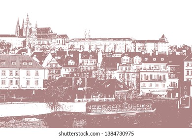 Panorama of Prague engraving style illustration. View of the Old Town. Vector isolated.