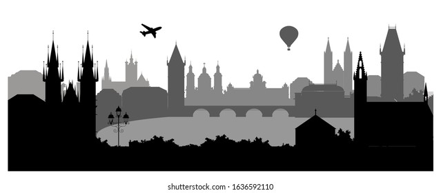 Panorama of Prague flat style vector illustration. Cartoon Prague architecture symbols and objects. Prague city skyline vector background. Flat trendy illustration