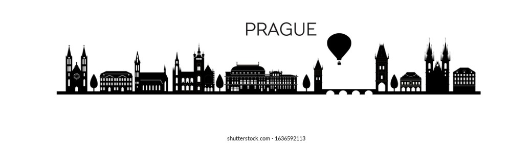 Panorama of Prague flat style vector illustration. Cartoon Prague architecture symbols and objects. Prague city skyline vector background. Flat trendy illustration