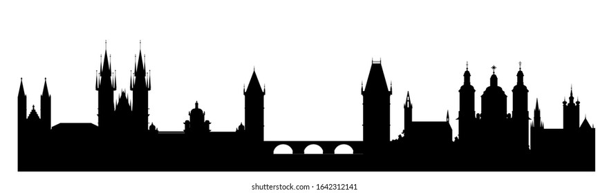 Panorama of Prague flat style vector illustration. Cartoon Prague architecture symbols and objects. Prague city skyline vector background. Flat trendy illustration