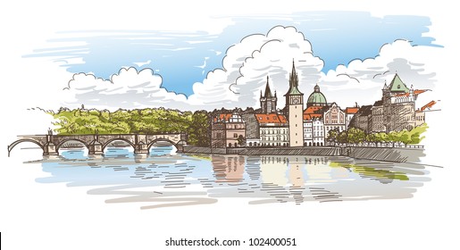 Panorama of Prague. View of Charles Bridge and the Vltava river embankment. Vector drawing