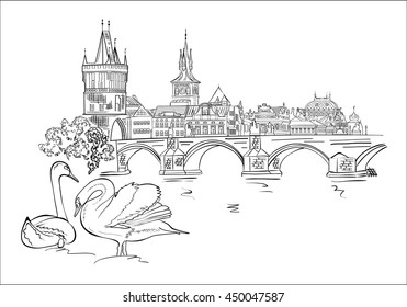 Panorama of Prague. View of Charles Bridge and the Vltava river embankment.Czech Republic. Vector illustration.