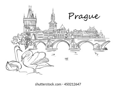 Panorama of Prague. View of Charles Bridge and the Vltava river embankment.Czech Republic. Vector illustration.