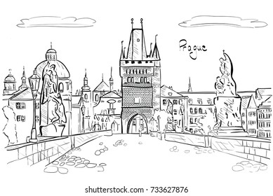 Panorama of Prague. View of Charles Bridge. Vector illustration.