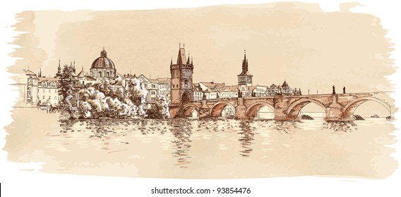 Panorama of Prague. View of Charles Bridge and the Vltava river embankment. Vector drawing