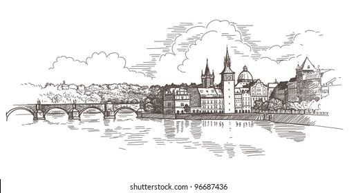 Panorama de Praga. Vista da Ponte Carlos e do aterro do rio Vltava. Desenho vetorial