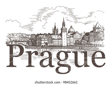 Panorama of Prague. View of Charles Bridge and the Vltava river embankment. Vector drawing