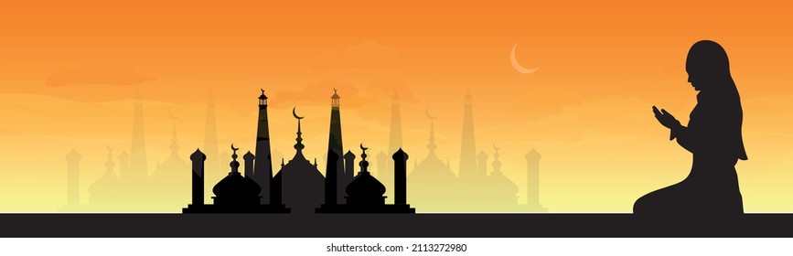 Panorama of Ramadan Kareem. Ramadan Mubarak. The woman is praying. Arabian night with crescent moon