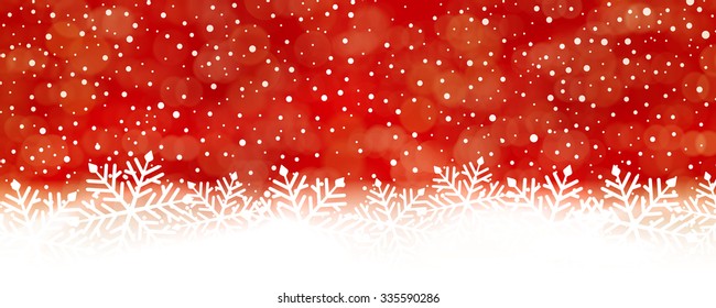 Panorama red white snow fall backdrop with red at the top turning into whte at the bottom with big snowflakes