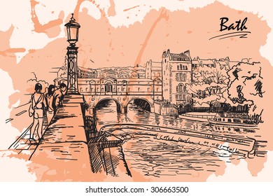 Panorama of river Avon and Georgian style Pulteney Bridge in the City of Bath, UK. Sketch drawing imitating ink pen drawing with a grunge background on a separate layer. EPS10 vector illustration.