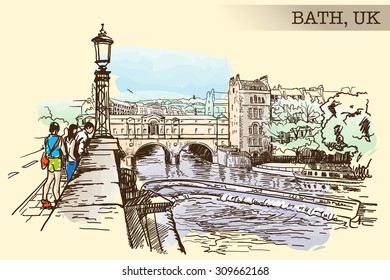 Panorama of river Avon and Georgian style Pulteney Bridge in the City of Bath, UK. Painted sketch imitating ink pen drawing above blurry watercolor. EPS10 vector illustration.