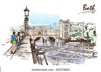 Panorama of river Avon and Georgian style Pulteney Bridge in the City of Bath, UK. Painted sketch imitating ink pen drawing above blurry watercolor. EPS10 vector illustration.