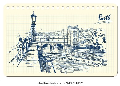 Panorama of river Avon and Georgian style Pulteney Bridge in the City of Bath, UK. Sketch imitating ink pen scribbling in a notepad. EPS10 vector illustration.