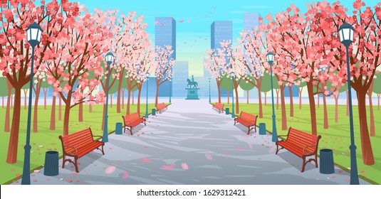 Panorama road over the spring park with benches,  blossom trees, lanterns and a monument. Vector illustration of spring city street in cartoon style.