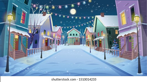 Panorama road over the street with lanterns and a garland. Vector illustration of winter city street in cartoon style.