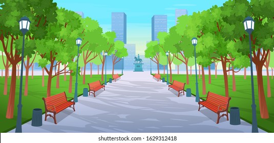 Panorama road over the summer  park with benches, trees, lanterns and a monument. Vector illustration of summer city street in cartoon style.