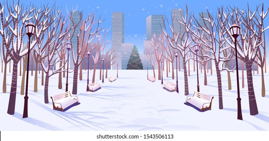 Panorama road over the winter park with benches, trees, lanterns and a garland day light. Vector illustration of winter city street in cartoon style.