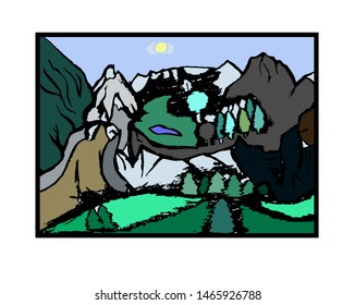 Panorama with rocks, lake and green trees. For national parks, recreation areas, reserves