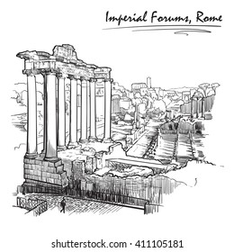 Panorama Of Roman Imperial Forum. Sketch Isolated On White Background. Travel Book Illustration. EPS10 Vector Illustration.