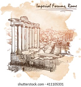 Panorama Of Roman Imperial Forum. Sketch Imitating Ink Pen Drawing With A Grunge Background On A Separate Layer. Travel Sketchbook Drawing. EPS10 Vector Illustration.