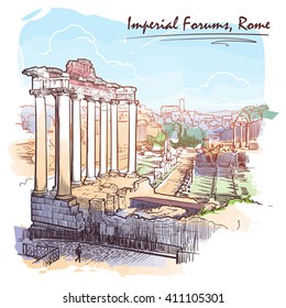 Panorama Of Roman Imperial Forum. Watercolor Imitating Painted Sketch. Travel Sketchbook Drawing. EPS10 Vector Illustration.