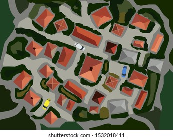 Panorama of the roof of the houses from above. You can see the road, passing cars, vegetation. For tourism and design