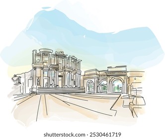 Panorama of the ruins of the library of Celsus in Ephesus in the afternoon. Turkey. UNESCO cultural heritage - vector watercolor illustration