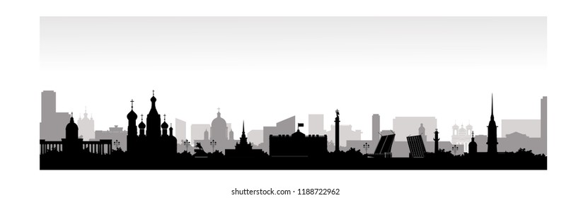 Panorama of Saint Petersburg flat style vector illustration. Petersburg architecture. Cartoon Russia symbols and objects. 