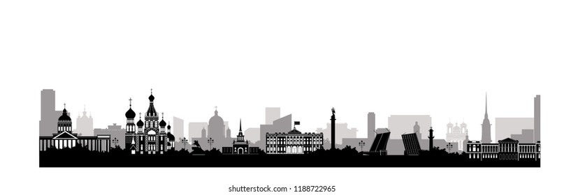 Panorama of Saint Petersburg flat style vector illustration. Petersburg architecture. Cartoon Russia symbols and objects. 
